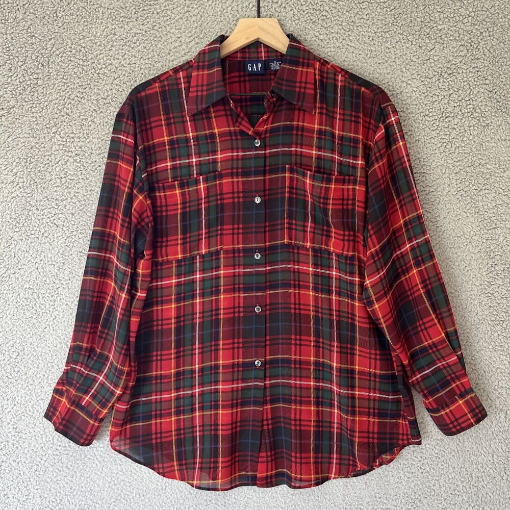 Vintage 90s GAP Button Shirt Womens Small Oversized Plaid Sheer Academia Grunge